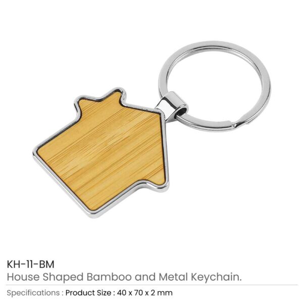 Bamboo and Metal Keychain House Shaped 32mm - Image 3