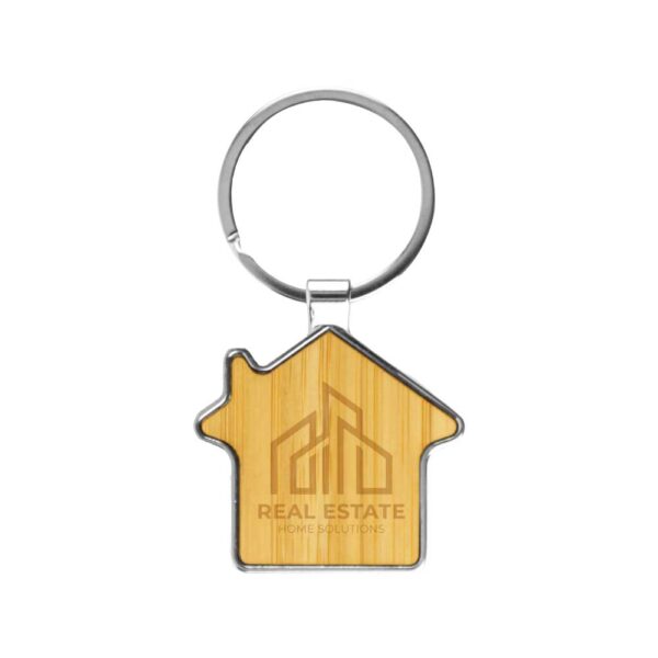 Bamboo and Metal Keychain House Shaped 32mm - Image 2