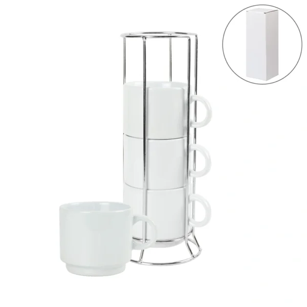 Ceramic Coffee Cups Set 4Pcs in Silver Metal Rack - Image 2