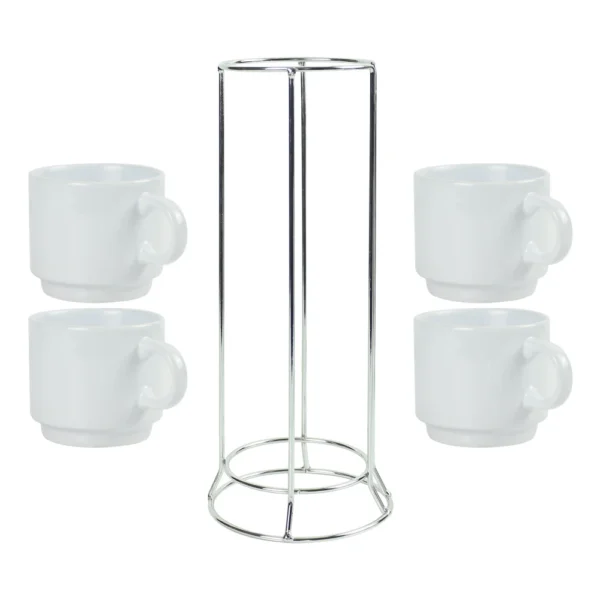 Ceramic Coffee Cups Set 4Pcs in Silver Metal Rack - Image 4