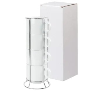 Ceramic Coffee Cups Set 4Pcs in Silver Metal Rack