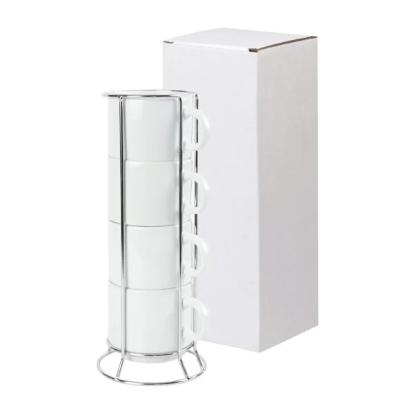 Ceramic Coffee Cups Set 4Pcs in Silver Metal Rack